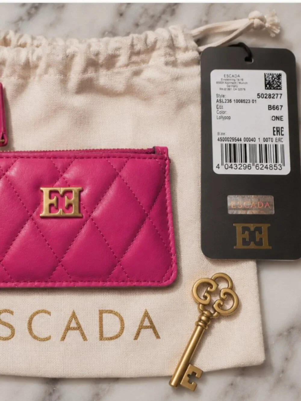 Escada Pink Quilted Leather Key Holder Coin Purse Card Case w/ Dust Bag Rare